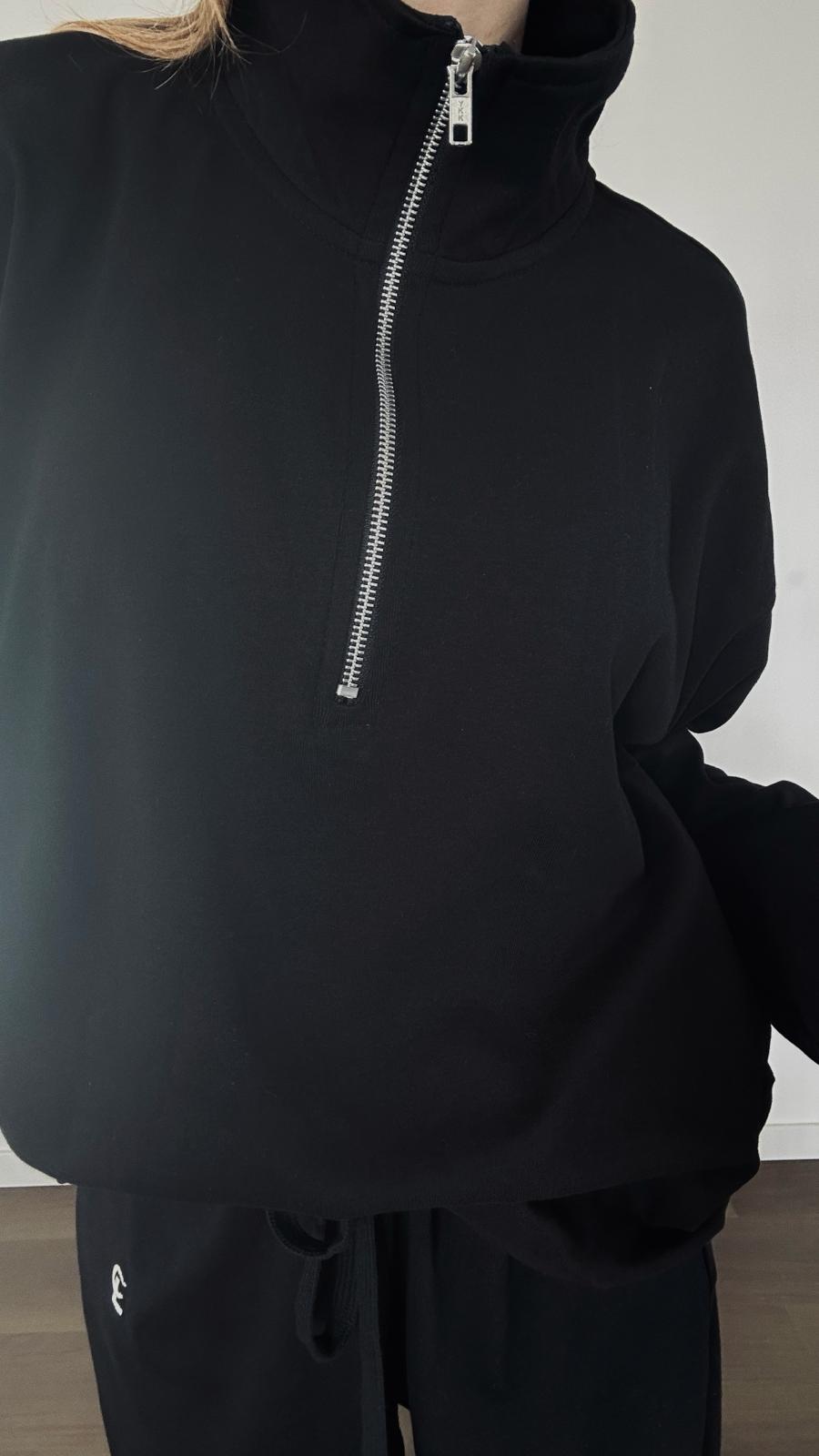 BLACK HALF ZIP LIGHT COTTON SWEATSHIRT